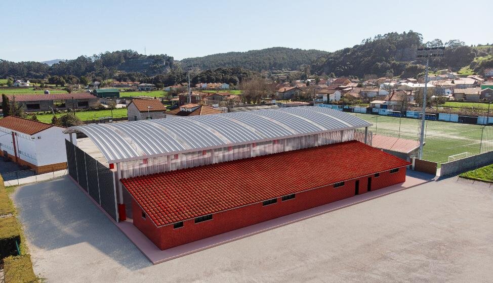 Cubierta de la pista polideportiva de Escobedo y vestuarios.